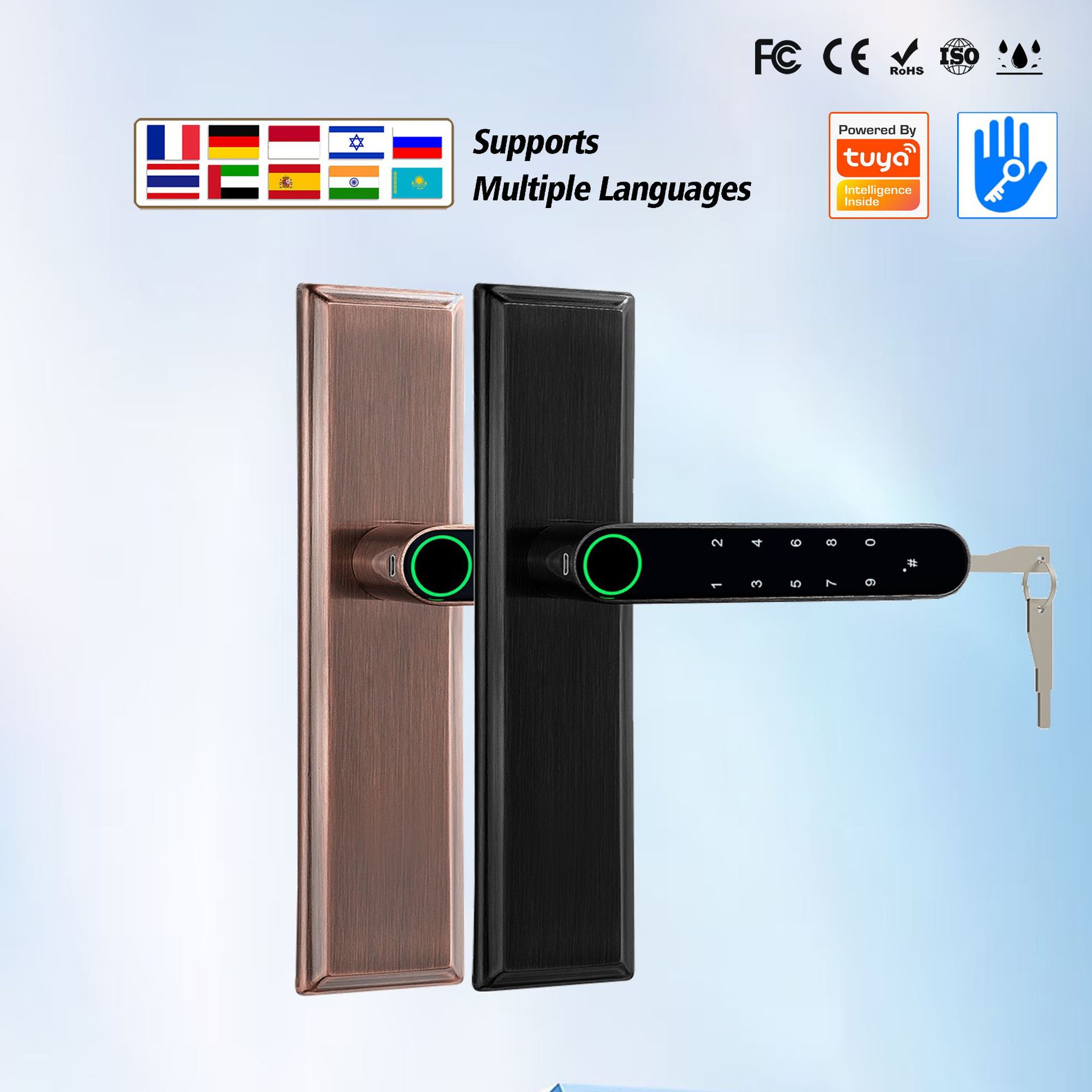 智能涂鸦执手锁双面功能电子门锁一握开双排密码刷卡指纹锁多功能