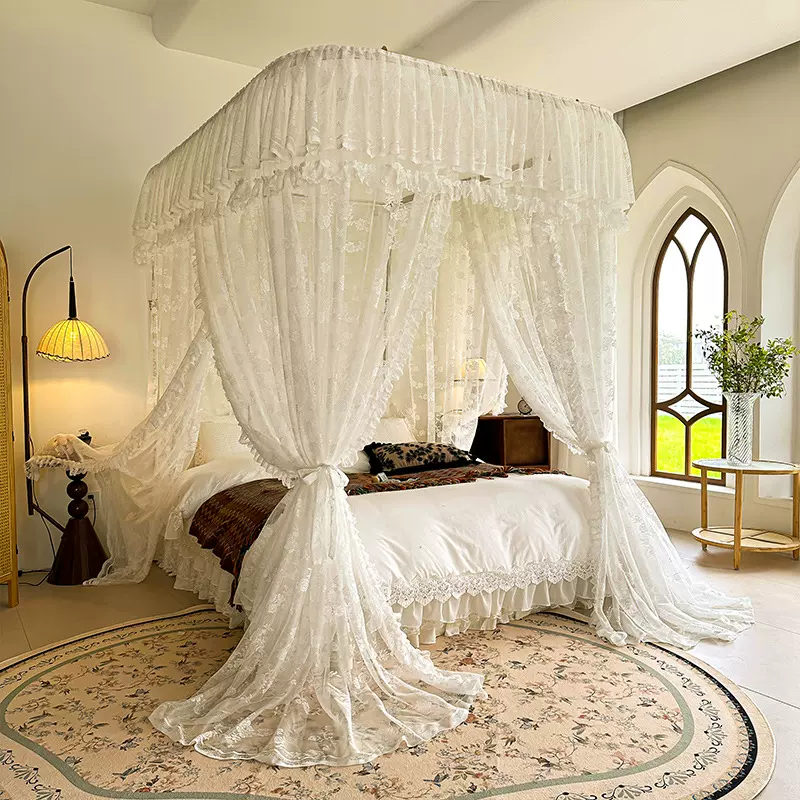 2025新款蚊帐蕾丝导轨蚊帐三开门落地布幔伸缩落地蚊帐一件代发