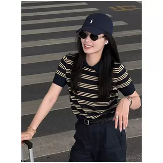 韩系撞色条纹POLO衫短款正肩上衣女夏小个子修身冰丝针织短袖t恤