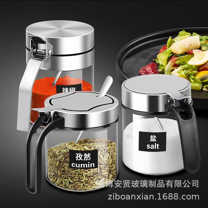 Condimento botella traje de acero inoxidable caja de condimentos de vidrio frasco de sal con cuchara combinación de cocina grande a prueba de humedad