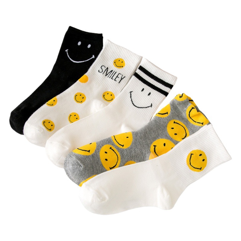 Calcetines de cara sonriente calcetines de algodón de primavera y otoño para mujer calcetines de media pantorrilla estilo preppy a rayas de moda largos calcetines de algodón deportivos de otoño medias