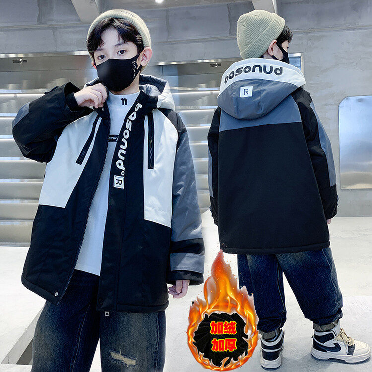 (2개) 어린이 착용 소년의 겨울 기모 코튼 코트 2023 대형 어린이 두꺼운 소년의 큰 편지 인쇄 후드 탑