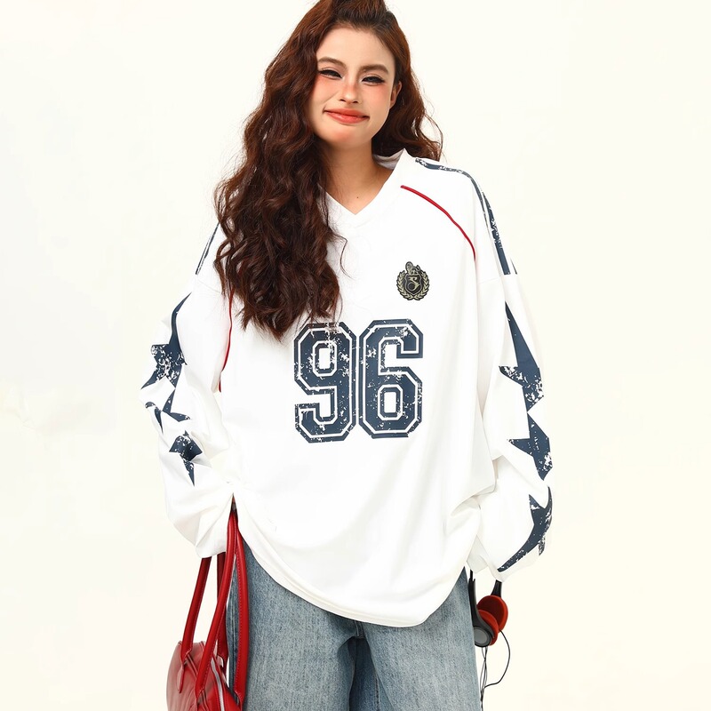 American Retro College Sports V-neck Digital Printing Long Sleeve Fashion Brand Couple's Letters Round Neck Sweat Men's Jersey