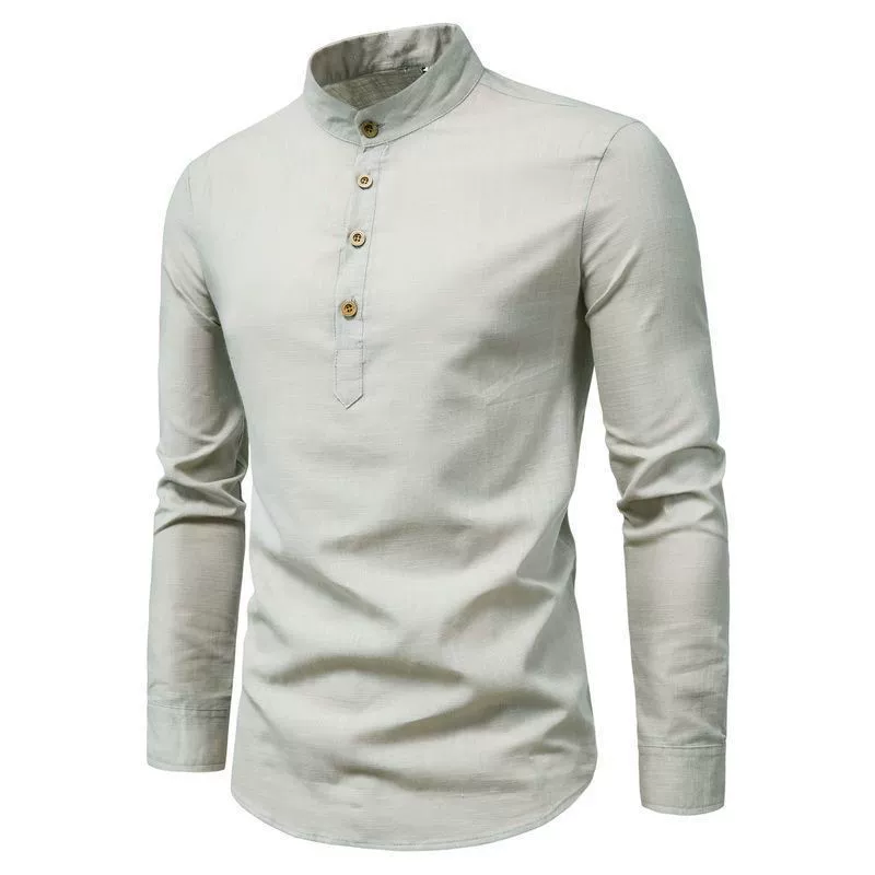 Весенняя мужская рубашка с длинным рукавом, slim fit, китайский стиль, хлопок и лён, узкий крой,