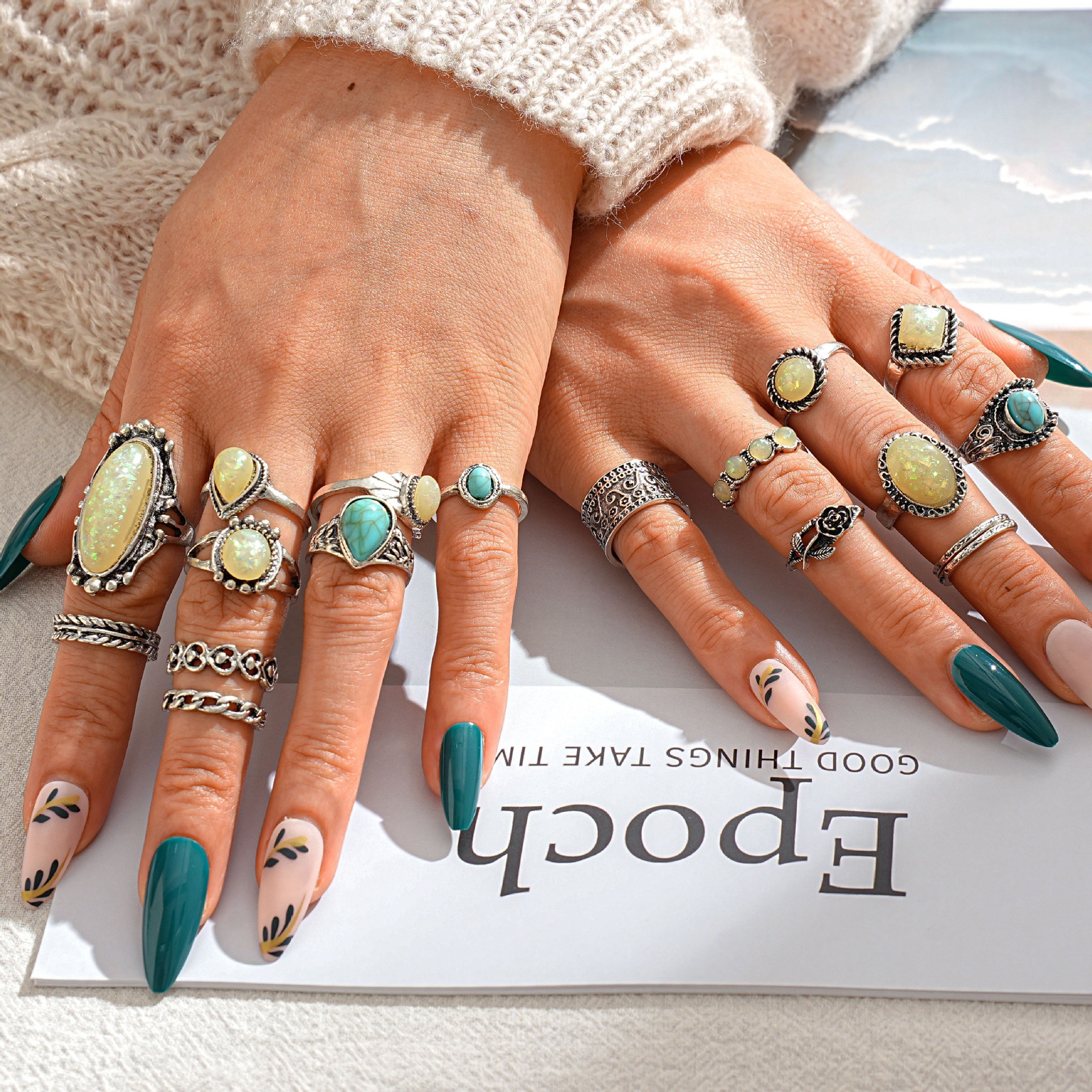 (Cross-border trading), retro ring, turquoise set, jewelry, European style, with gem, 18 pieces, direct factory sales