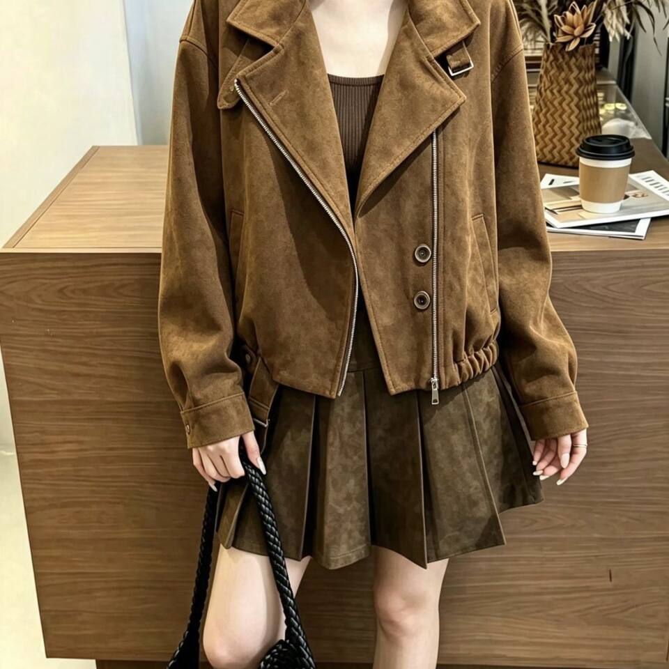 Áo khoác ngắn nữ da lộn dáng rộng khóa kéo, dài tay, cổ bẻ — Màu kaki, Màu nâu cà phê chi tiết 2