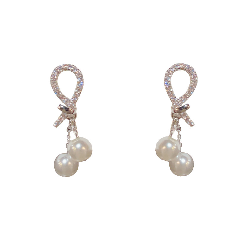 silver-Zircon knot pearl earrings (thick gold plating)