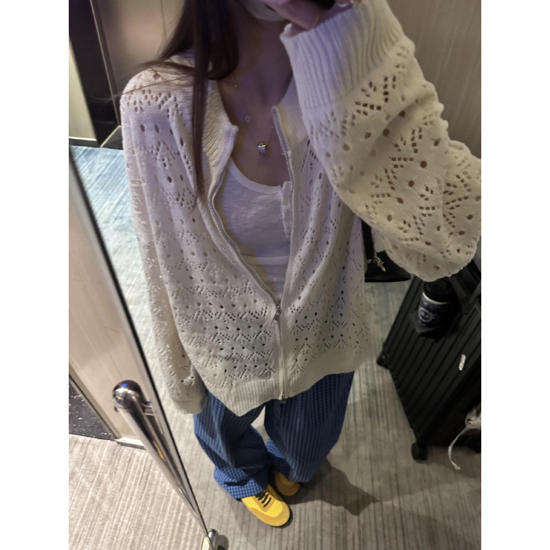 Ys Spring and Summer Design Hollow-Out Crochet Double-Zipper Cardigan Loose Slimming White Knit Cardigan Top for Women