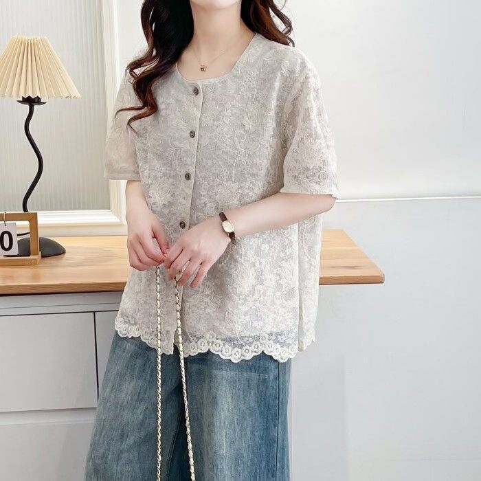 European-Style Plus-Size Short-Sleeve Lace 3D Jacquard Stylish Summer Top for Women, Slimming Cardigan