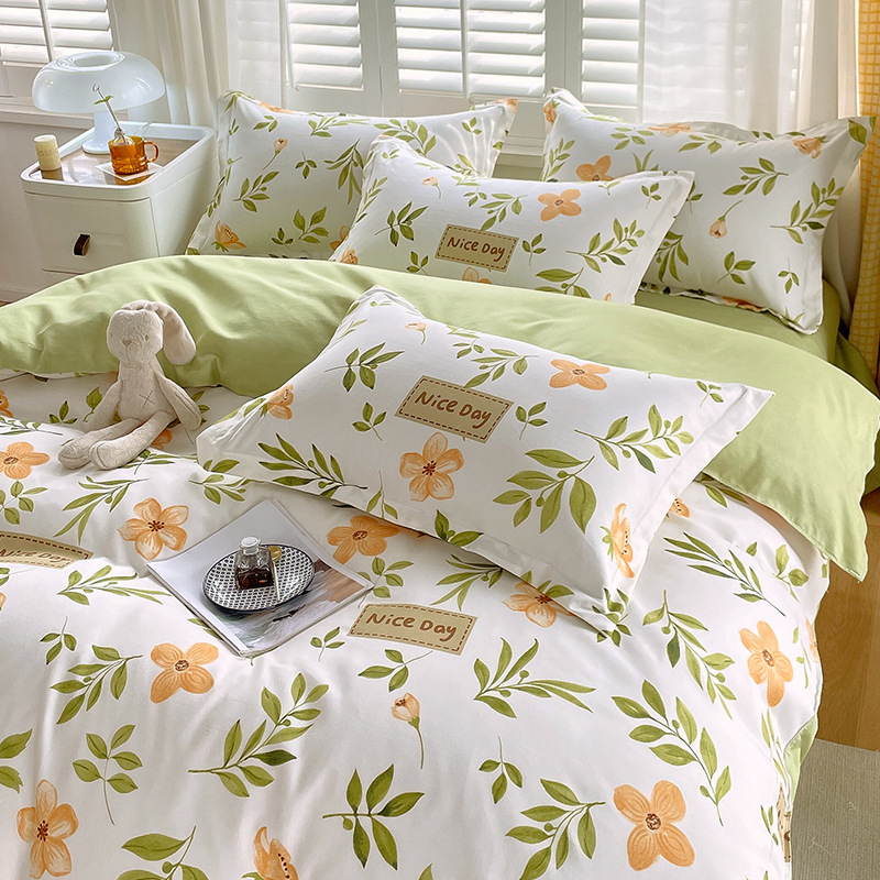 New Small Fresh Thickeneded Brushed Bed Four-piece Set Washed Cotton Bed Bed Sheets Quilt Cover Pillowcase Student Dormitory Three-piece Set