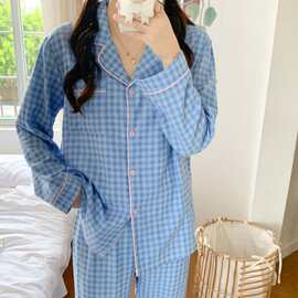 韩国ins女士春秋新品韩版韩系格子简约舒适睡衣套装休闲家居服女