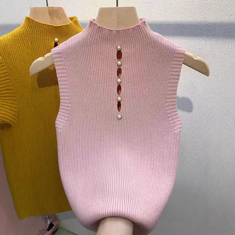 Cross-border Summer New White Half-high Collar Knitted Shirt Camisole Women's Slim-fit Base Sleeveless Inner Shirt Women