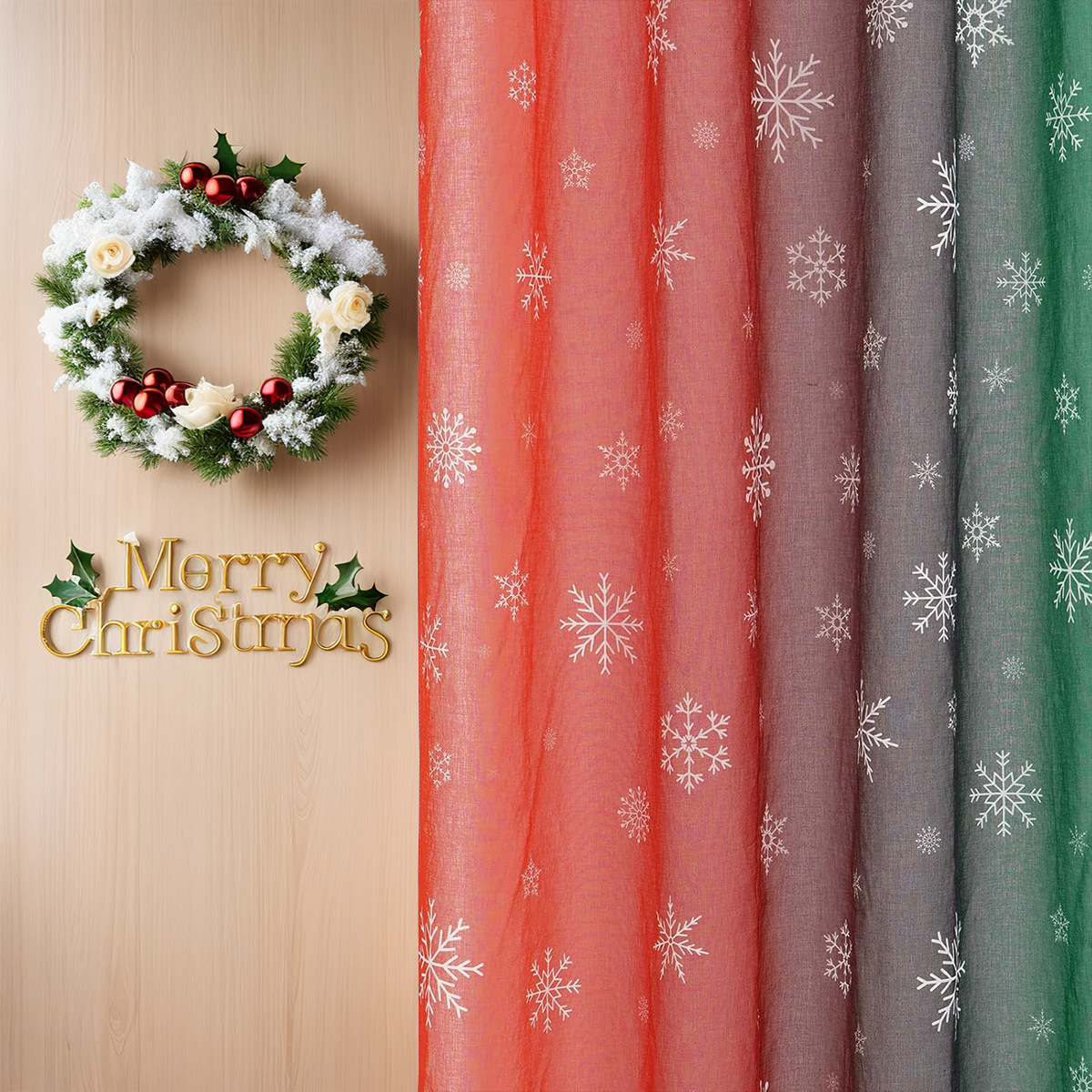 Transfronterizos nuevos copo de nieve de color navideño perforación pantalla de ventana de impresión digital de cortinas TEMU