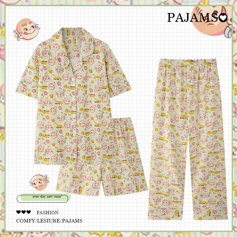 パジャマレディース夏新作半袖長ズボンパジャマ3点セット甘くて可愛い可外着夏ホームウェアセット|undefined