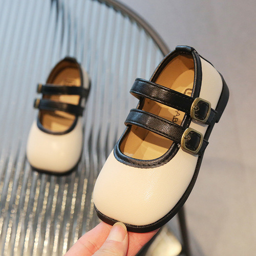  Girls' Small Leather Shoes Spring and Autumn New Girls' Shoes British Roman Style Square Toe Soft Sole Baby Girls