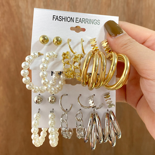 Retro gold earring set 6-piece earring set European and American cross-border French geometric inlaid pearl earrings