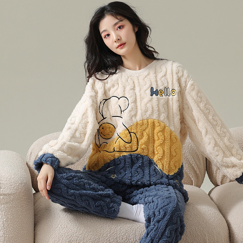 Pijamas de vellón de coral para mujer Otoño e Invierno engrosada franela forrada de vellón ropa para el hogar traje de dos piezas para mujer dibujos animados lindo
