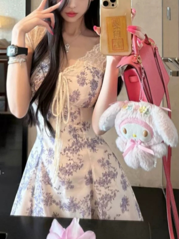 藤巻きハート*フレンチフェミニンウエストバケーション花柄Vネック巾着ストラップワンピース|undefined