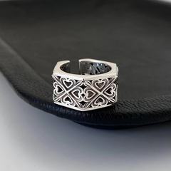 千葉復古泰銀棱形愛心鏤空花紋開口戒指男潮情侶小眾寬版方形戒指