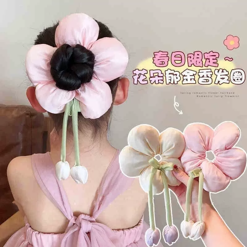 女童新春日烂漫郁金香花朵大肠发圈后脑勺子头立体软萌花朵发圈