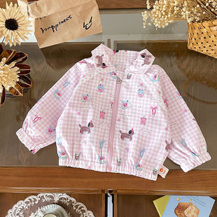 [Ready Stock] Qw259598 Girls' Jacket 2025 Autum New Style Kidslike All-Over Printed Plaid Lapel Loose Top