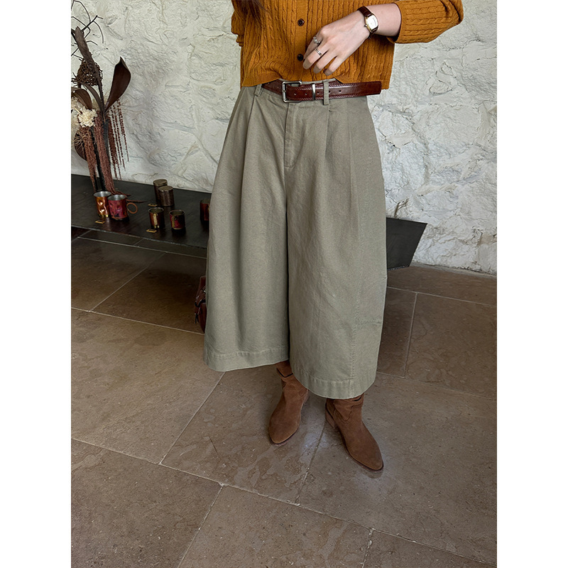 2026 Autumn/Winter Textured Heavy-Duty Washed High-Waisted Cropped Pants for Women, New Versatile Casual Loose Wide-Leg Pants
