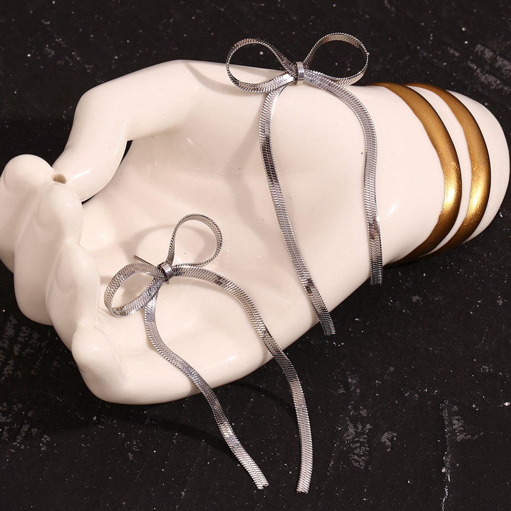 Steel Color Blade Chain Bow Stainless Steel Earrings