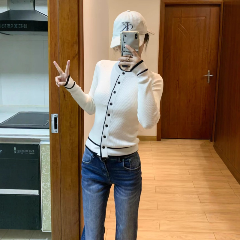 韩系小香风撞色毛衣开衫外套女秋季小个子显瘦修身针织打底衫上衣|undefined