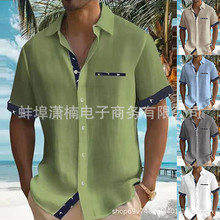 2023夏季新款欧美男装衬衫男休闲翻领时尚印花短袖上衣