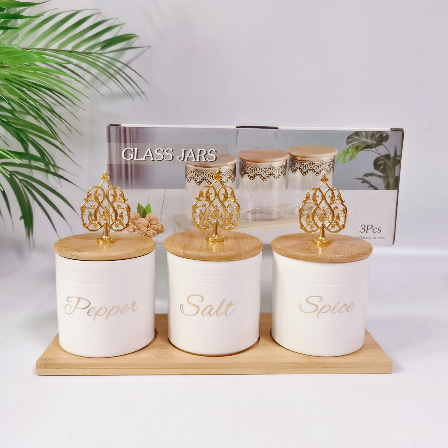 Comercio exterior transfronterizo Oriente Medio Exportar tarro sellado de cerámica con tapa de madera tarro de almacenamiento condimento de cocina tarro de té de café tarro