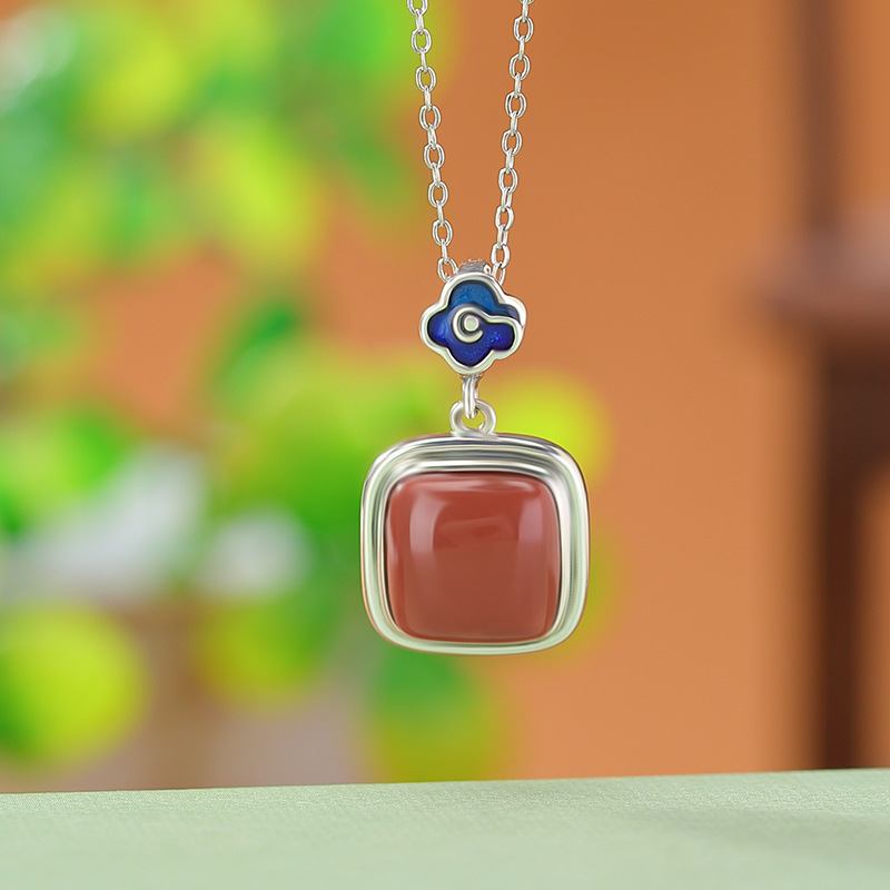 Mặt dây chuyền bạc S925 hình vuông phong cách Trung Quốc đơn giản — Mặt dây chuyền đơn (không có dây chuyền)