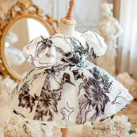 儿童礼服水墨画中小童欧美蓬蓬裙女宝宝周岁宴泡泡袖亚马逊公主裙