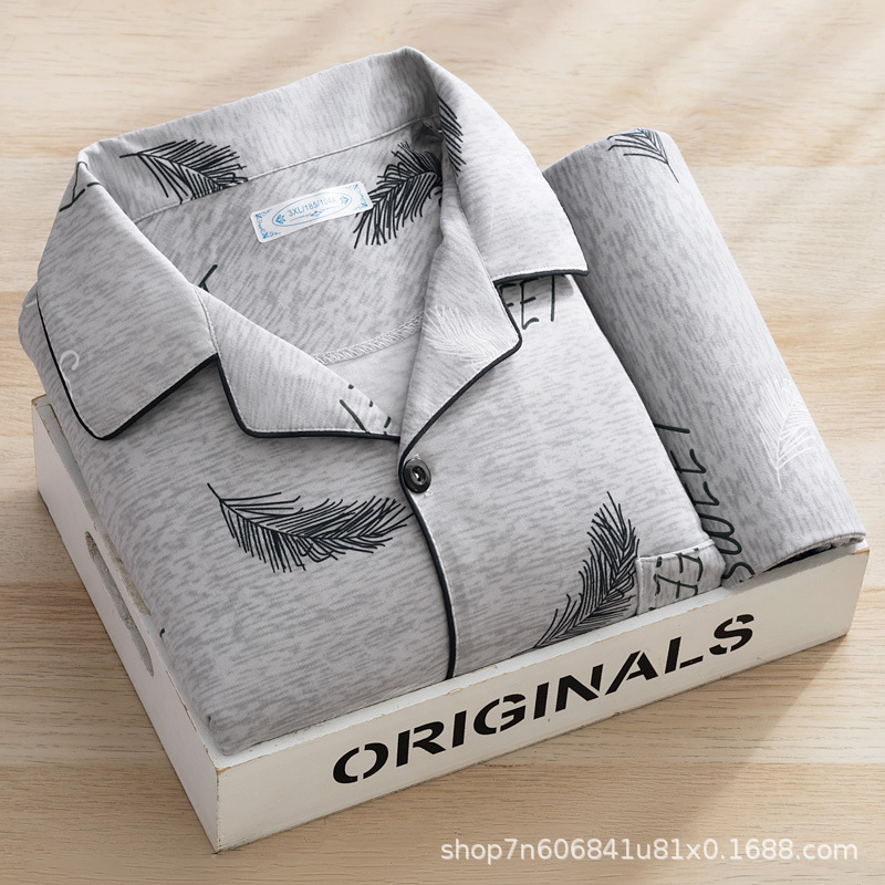 남자 잠옷 새 봄과 여름 긴 소매 바지 가디건 코튼 얇은 학생 한국 플러스 뚱뚱한 플러스 사이즈 봄 가을 집