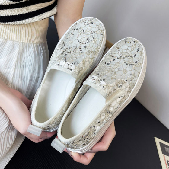 2024 Spring Summer Autumn Lace Bead Transparent Breathable Fashion Casual Shallow Mouth Slip-on Lefu Women's Shoes