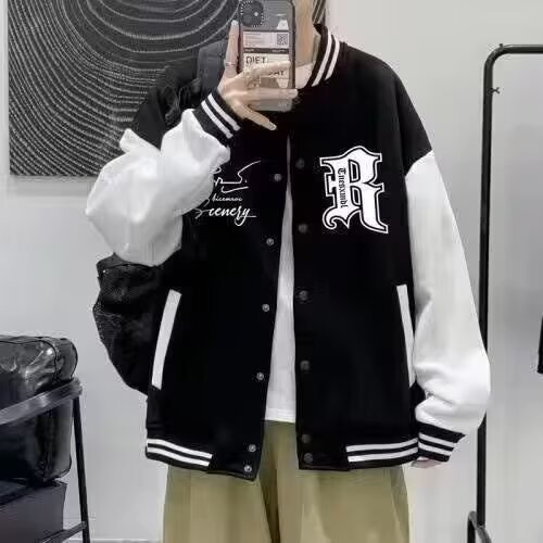 Men's Baseball Jacket for Spring and Autumn - Loose Fit, Color Block Design, Trendy Casual Student/Couple Jacket