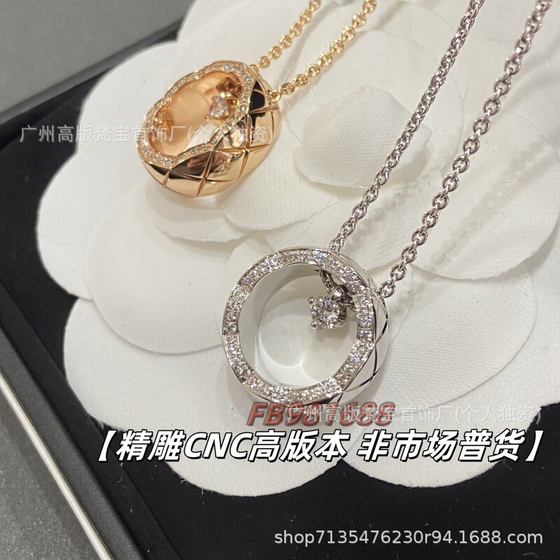 New High Version Cnc Carved 925 Silver Small Perfume Ice Moon Quilted Coco Ring Necklace Women's Diamond Clavicle Chain