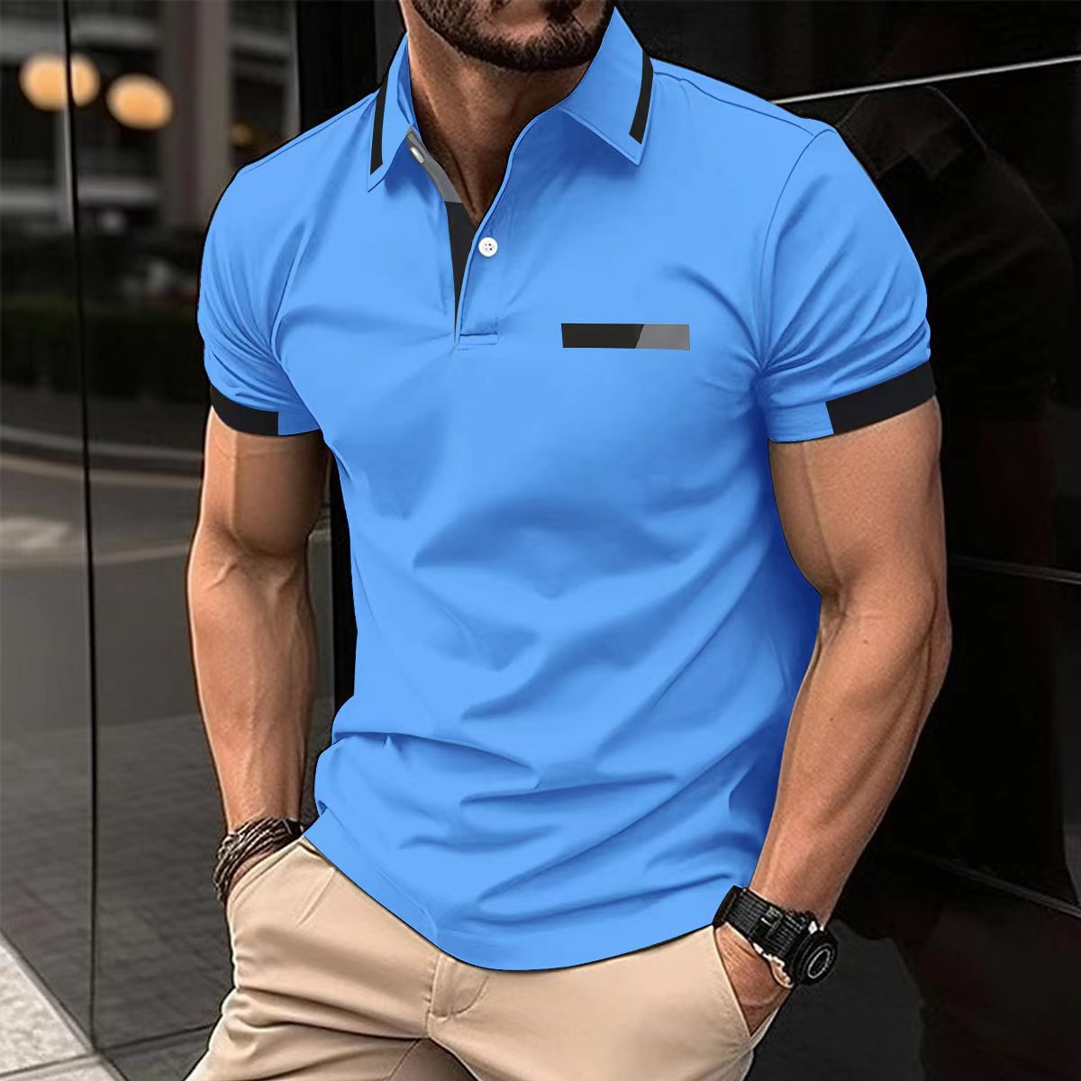 Amazon nuevo transfronterizo de los hombres de la camisa de polo ocasional pecho falso bolsillo solapa botón de negocios camiseta superior de los hombres