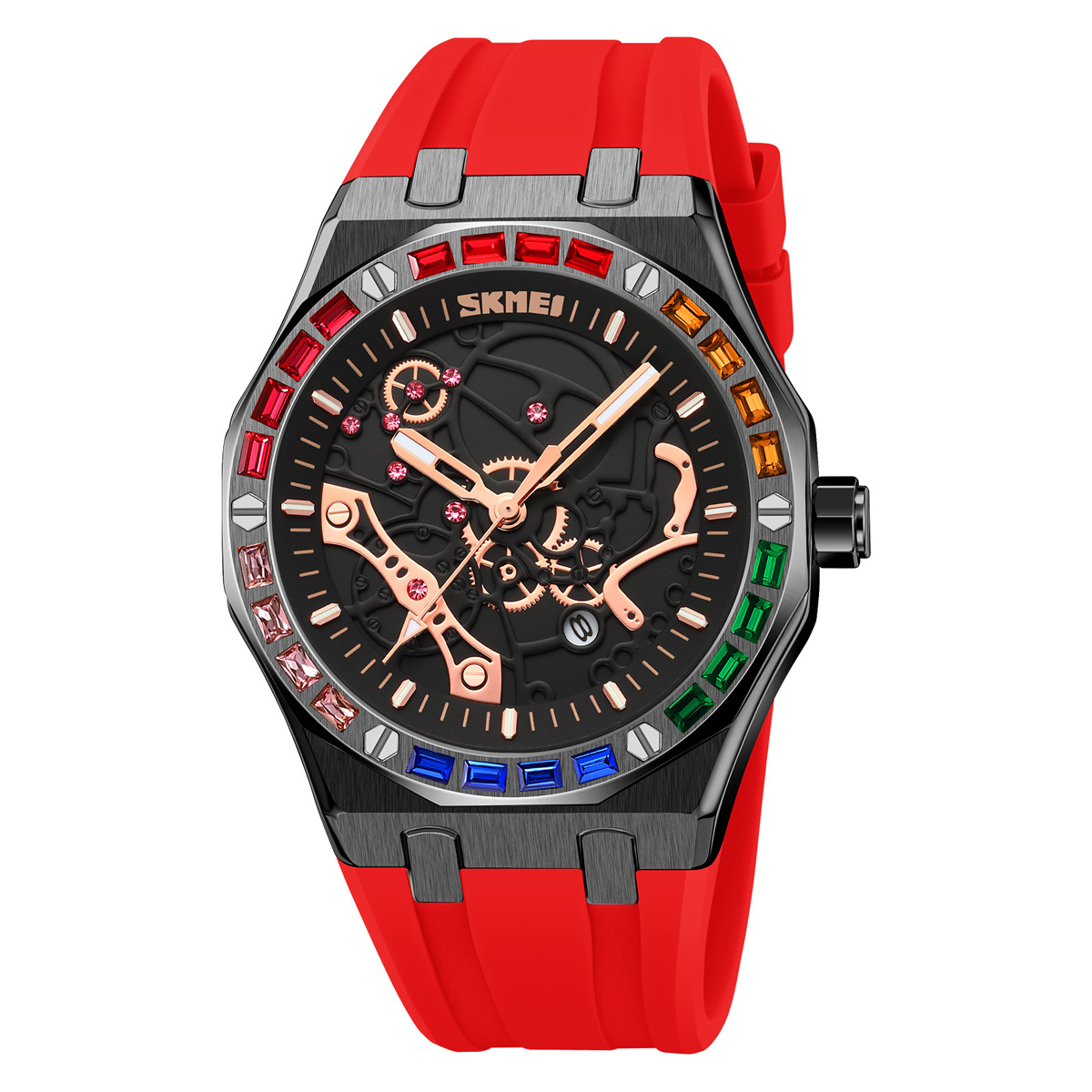 Momento de los Estados Unidos transfronterizos exclusivos para hombres reloj de pulsera de diamante de color octagonal viento mecánico silicona correa impermeable relojes de cuarzo al por mayor