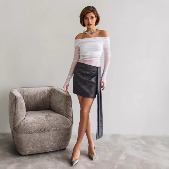 Cross-border European and American-style Women's 2024 Autumn and Winter New Solid Color Slim-fit Fashion One-word Collar Mesh Long-sleeved Top for Women