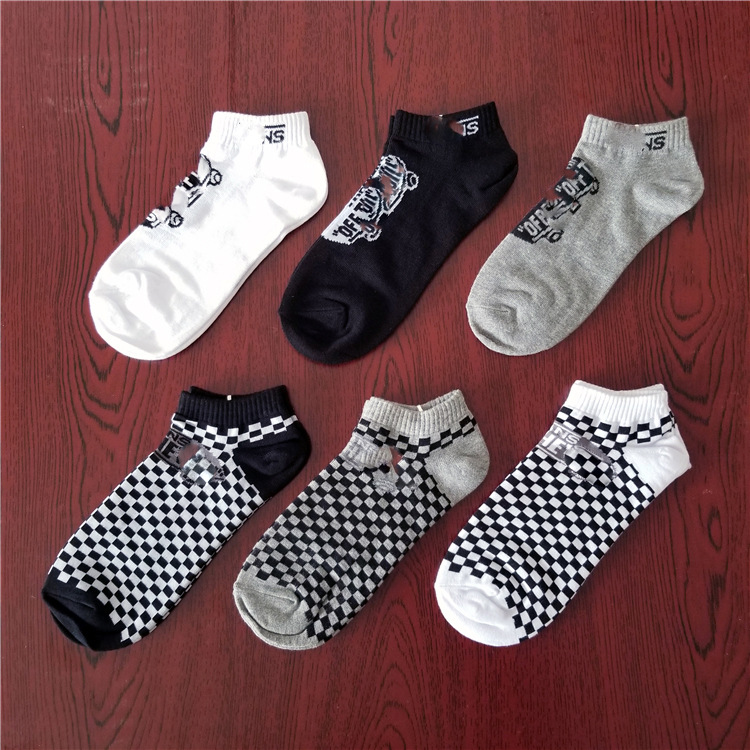 Sports Skateboard Plaid Letter Low Short socks Men's Boat socks European and American Fashion Chessboard Black and White Grey