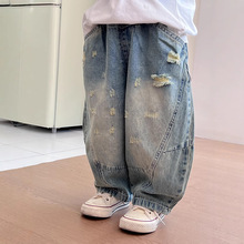 厚以童装男童牛仔裤韩版洋气宝宝阔腿哈伦裤春季新款儿童破洞裤潮