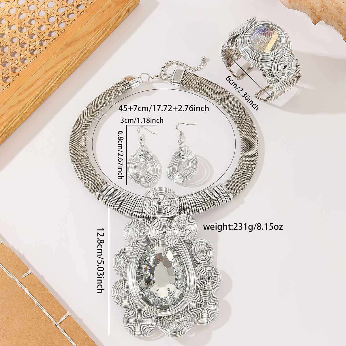 Exaggerated Handmade Aluminium Wire Crystal Jewelry Set Necklace_voghion.com