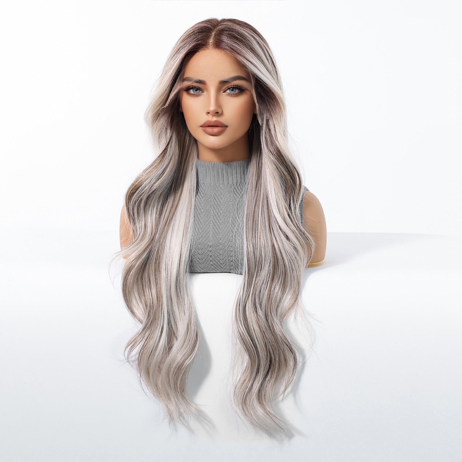 Nuevo producto gradiente gris color popular estilo europeo y americano 13*6 peluca de encaje de área grande costura libre transpirable y cómodo tocado