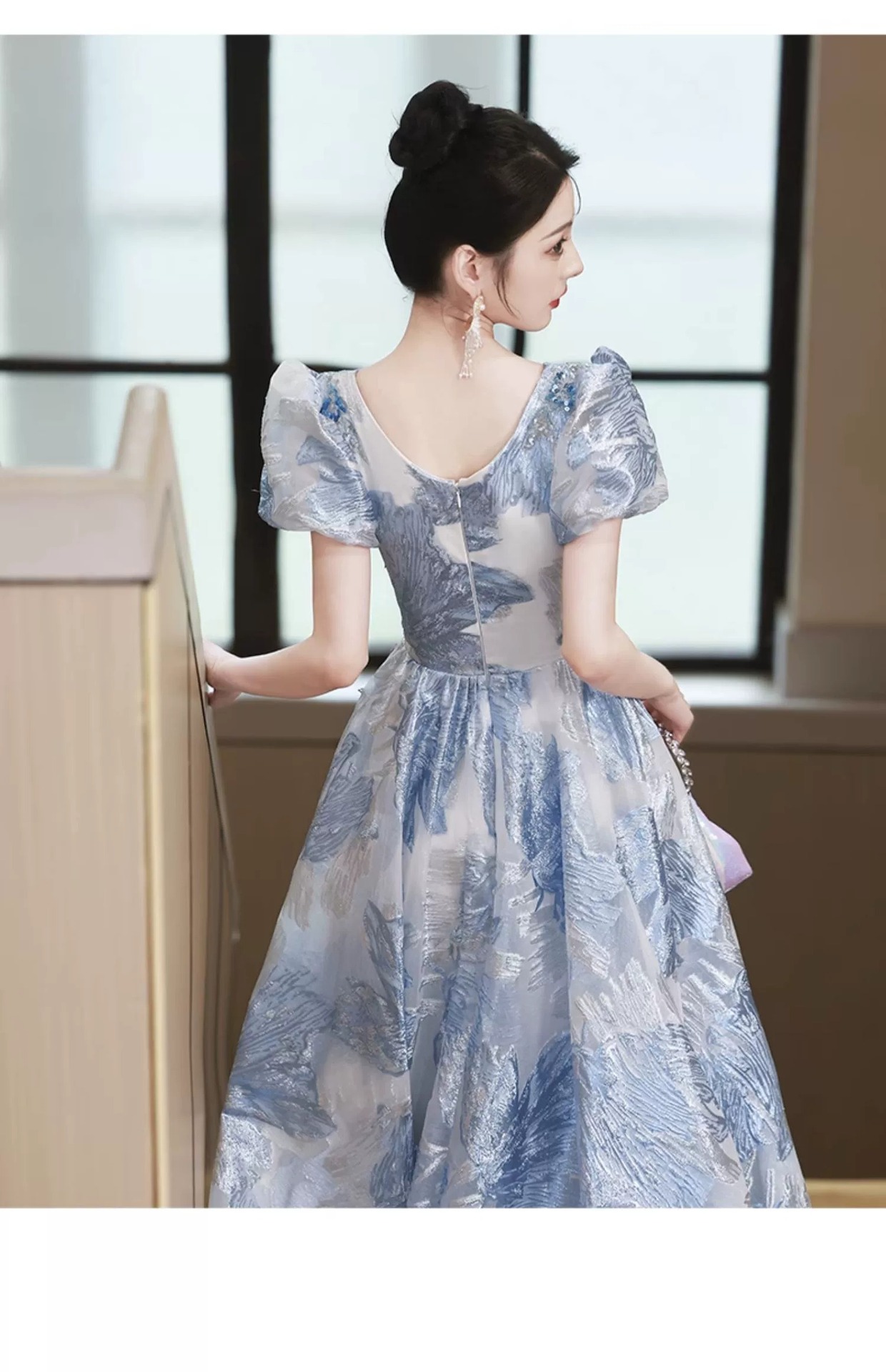 Đầm dạ hội ôm body màu xanh cao cấp, tay dài, phong cách thanh lịch — Màu xanh lam tiên khí chi tiết 21