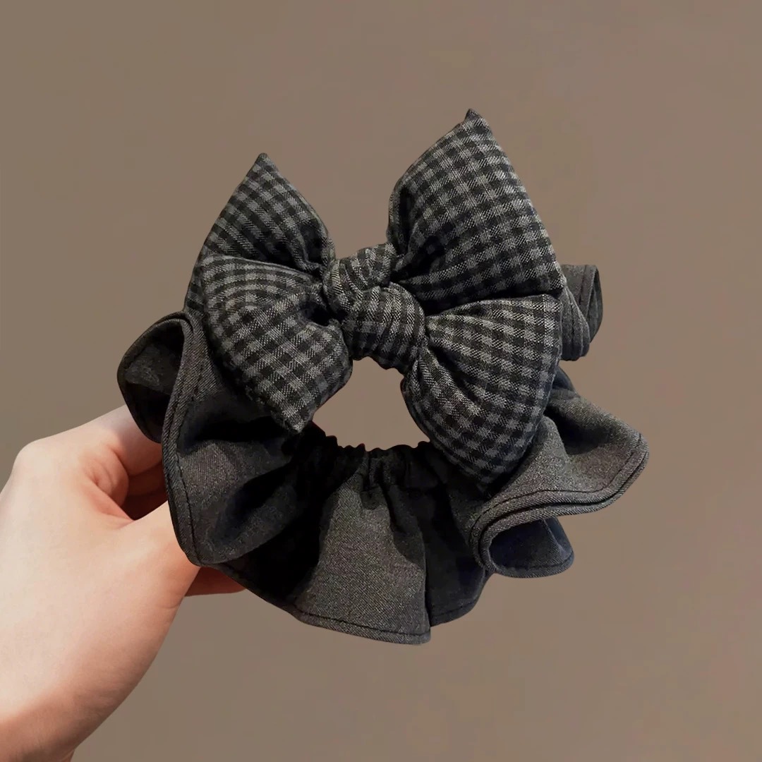 12# gray plaid cotton-filled bow hair tie about 15cm
