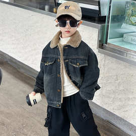 男童加绒牛仔外套秋冬季2025新款酷帅气儿童装加厚时髦工装牛仔衣