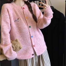 秋冬糖果色扣子毛衣开衫女小狗刺绣软糯外套甜美百搭美式复古上衣