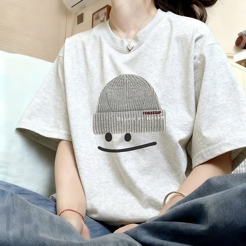 Pure Cotton White-Gray Short-Sleeved T-Shirt for Women 2026 New Style Summer Fashionable Top Loose Large Size T-Shirt