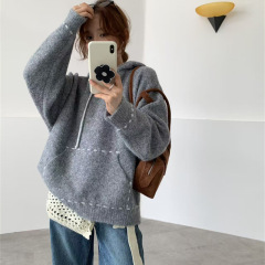 秋冬新款连帽毛衣女2025韩系宽松手工明线口袋小众慵懒风针织上衣