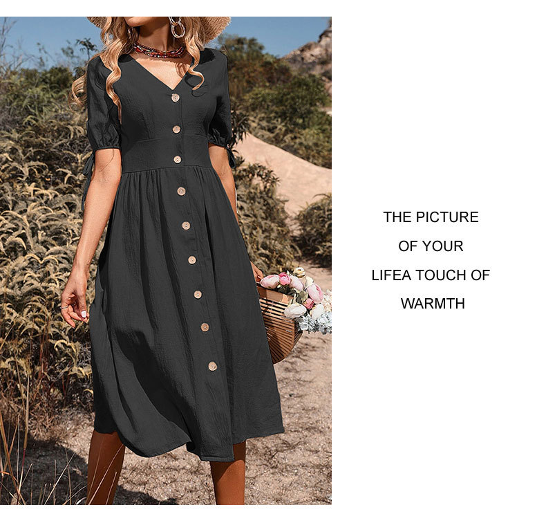 Rochie de damă cu mânecă scurtă, de lungime medie, cu nasturi, în linie A_voghion.com
